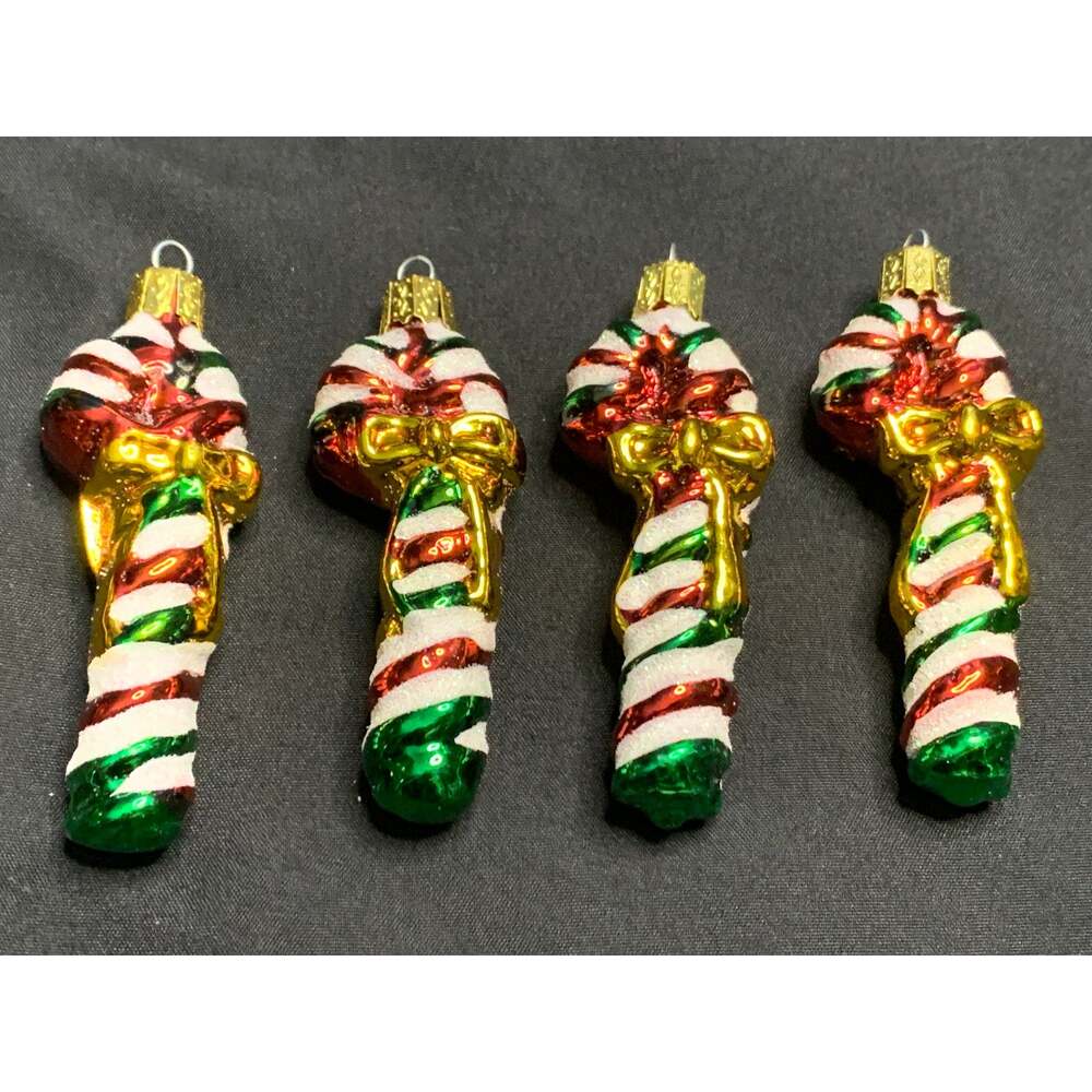 Set of 4 Glass Candy Cane Christmas Ornaments Red Green Glitter Gold Bow